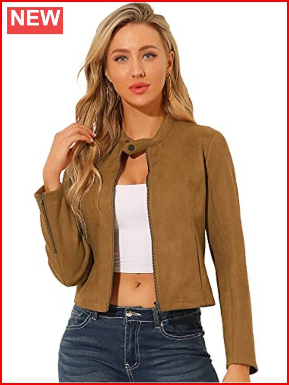 Faux Suede Zip Up Cropped Moto Biker Jacket Long Sleeve